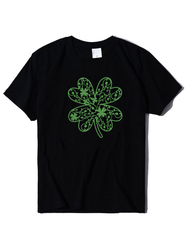 Cotton Tees- St. Paddy's Day in Women's Cotton Tee with Lucky Four-leaf Clover Print- Black- Chuzko Women Clothing