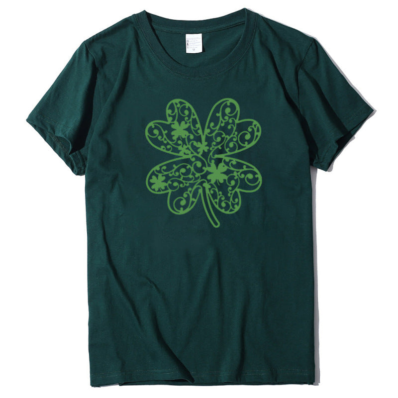 Cotton Tees- St. Paddy's Day in Women's Cotton Tee with Lucky Four-leaf Clover Print- Green black jasper- Chuzko Women Clothing