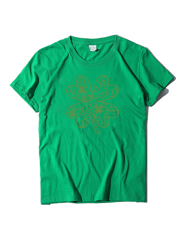 Cotton Tees- St. Paddy's Day in Women's Cotton Tee with Lucky Four-leaf Clover Print- Grass green- Chuzko Women Clothing