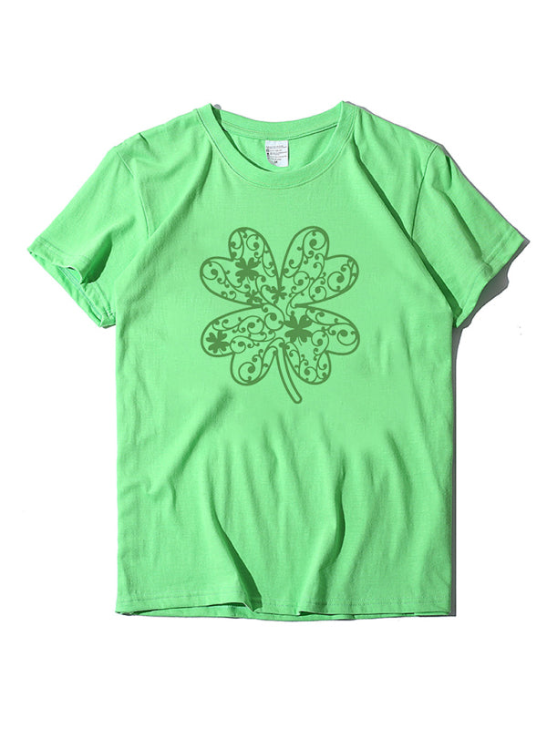 Cotton Tees- St. Paddy's Day in Women's Cotton Tee with Lucky Four-leaf Clover Print- Fruit green- Chuzko Women Clothing