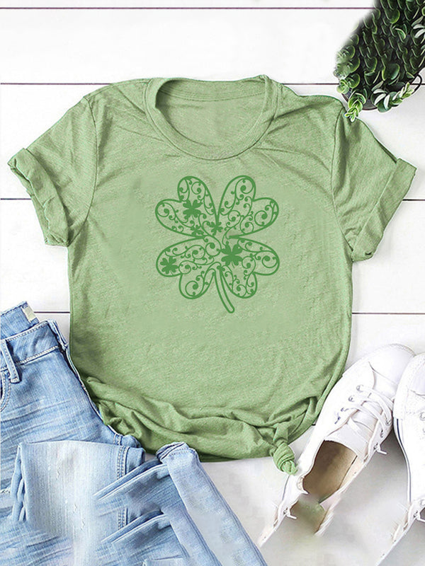 Cotton Tees- St. Paddy's Day in Women's Cotton Tee with Lucky Four-leaf Clover Print- Pale green- Chuzko Women Clothing