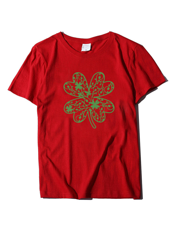 Cotton Tees- St. Paddy's Day in Women's Cotton Tee with Lucky Four-leaf Clover Print- Red- Chuzko Women Clothing