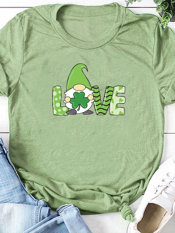 Festive Tees- St. Paddy's Day Crew Neck T-Shirt in Cotton with Leprechaun Charm- Pale green- Chuzko Women Clothing