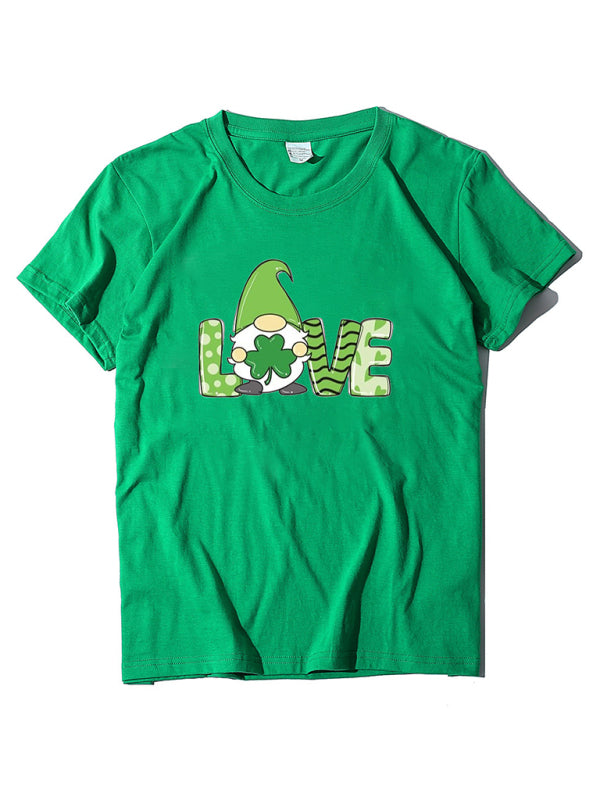 Festive Tees- St. Paddy's Day Crew Neck T-Shirt in Cotton with Leprechaun Charm- Grass green- Chuzko Women Clothing