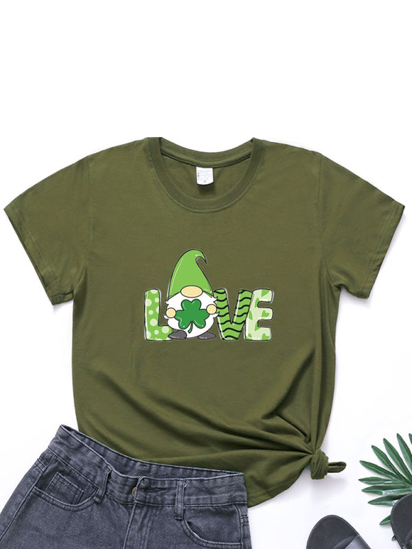 Festive Tees- St. Paddy's Day Crew Neck T-Shirt in Cotton with Leprechaun Charm- Olive green- Chuzko Women Clothing