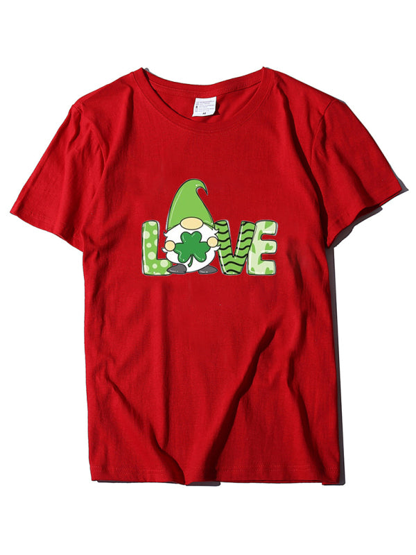 Festive Tees- St. Paddy's Day Crew Neck T-Shirt in Cotton with Leprechaun Charm- Red- Chuzko Women Clothing