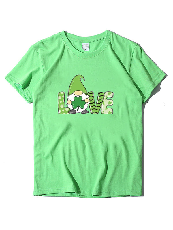 Festive Tees- St. Paddy's Day Crew Neck T-Shirt in Cotton with Leprechaun Charm- Fruit green- Chuzko Women Clothing