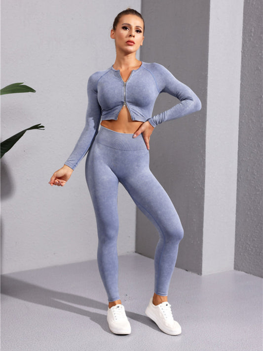 Gym Jacket- Gym Solid Stretchy Zip-Up Crop Cardigan for Women- Blue grey- Chuzko Women Clothing