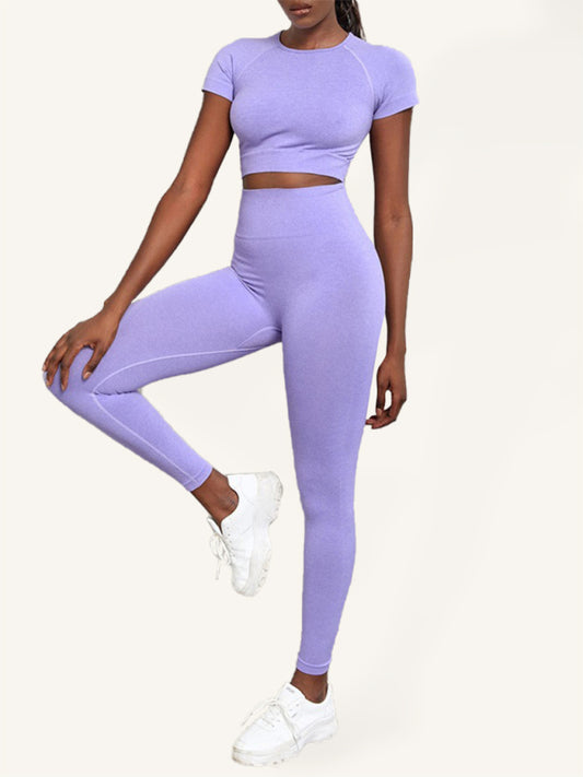 Gym Outfits- Workout 2 Piece Set - Crop Top and Leggings for Women- Purple- Chuzko Women Clothing