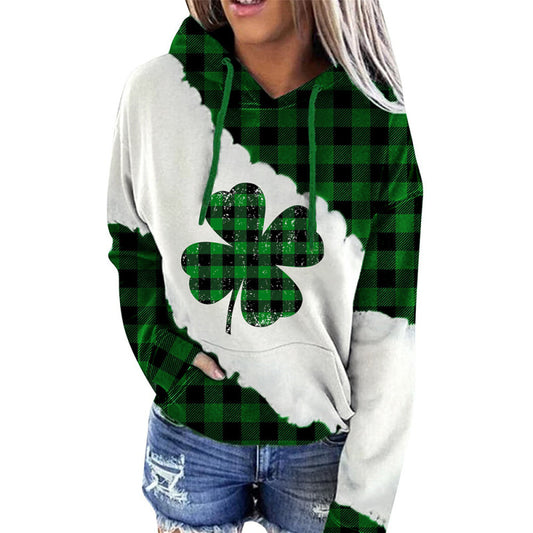 Hoodies- Saint Patrick's Day Hoodie with Festive Four-Leaf Clover- Chuzko Women Clothing