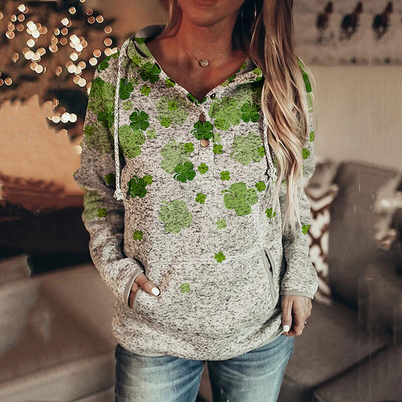 Hoodies- Women's St. Patrick's Day Hooded Sweatshirt with Four-Leaf Clover Print- Chuzko Women Clothing