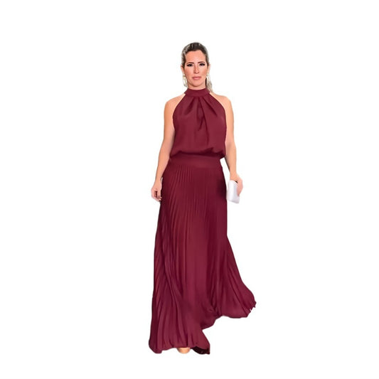 Elegant Plisse Bowknot Back High Neck Blouson Maxi Dress Elegant Dresses - Chuzko Women Clothing