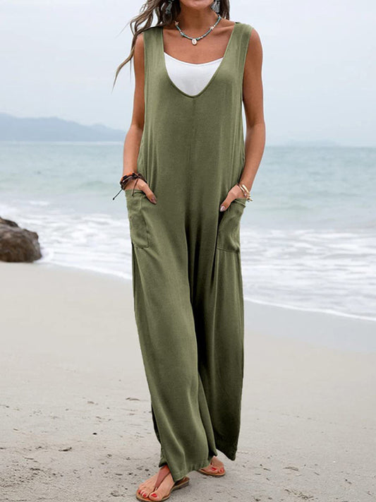 Relaxed Fit Cotton Pantsuits - Women's Casual Jumpsuit Overalls - Quality Cotton-Polyester Blend Jumpsuit - Chuzko Women Clothing