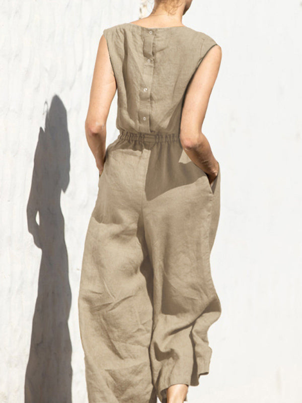 Solid Cotton Wide-Leg Jumpsuit - Elastic Waist Pantsuits Jumpsuit - Chuzko Women Clothing