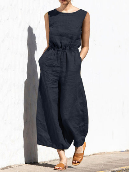Solid Cotton Wide-Leg Jumpsuit - Elastic Waist Pantsuits Jumpsuit - Chuzko Women Clothing
