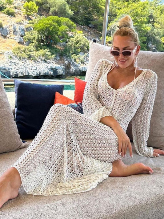 Long Sleeve Crochet Maxi Dress - Summer Cover-Up