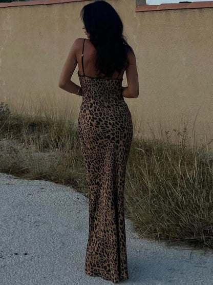 Leopard Print Sheath Cami Maxi Dress for Party