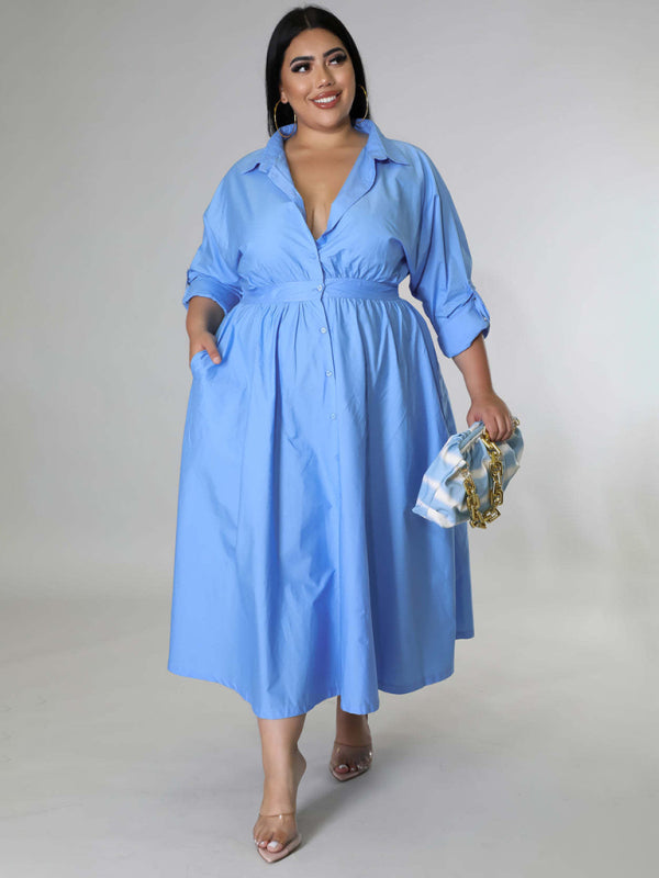 Plus Size Dresses- Plus Size Long Sleeve A-Line Shirt Dress with Waistband- Blue- Chuzko Women Clothing