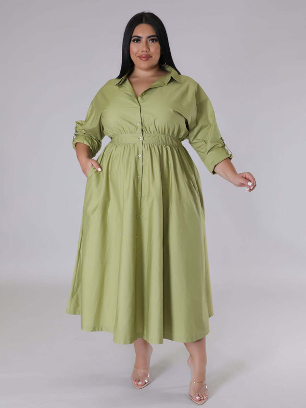 Plus Size Dresses- Plus Size Long Sleeve A-Line Shirt Dress with Waistband- - Chuzko Women Clothing