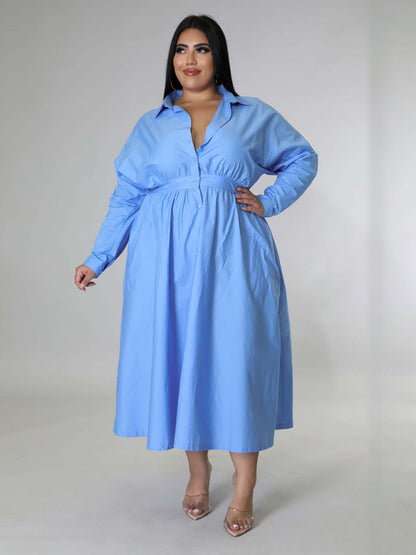 Plus Size Dresses- Plus Size Long Sleeve A-Line Shirt Dress with Waistband- - Chuzko Women Clothing