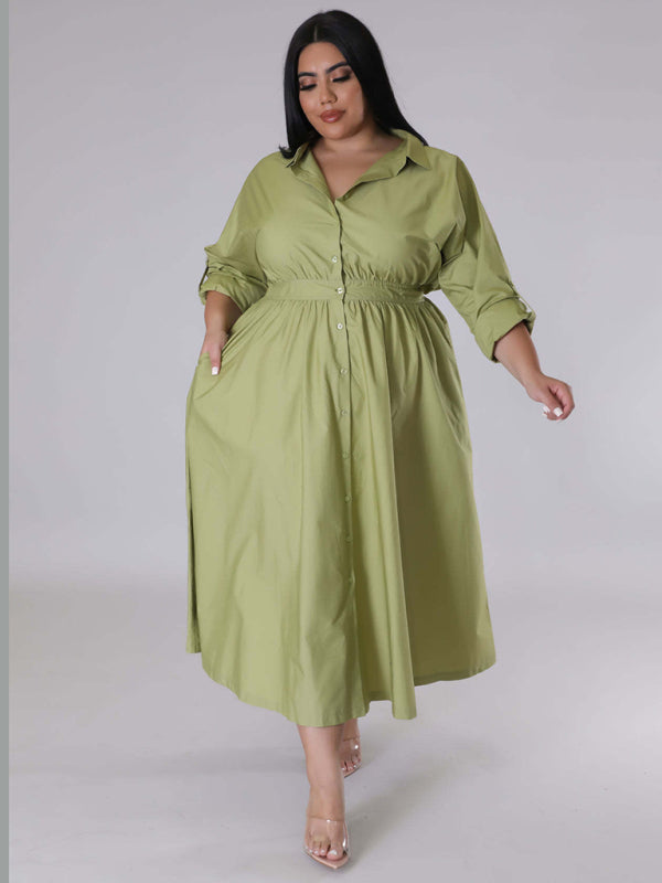Plus Size Dresses- Plus Size Long Sleeve A-Line Shirt Dress with Waistband- Green- Chuzko Women Clothing