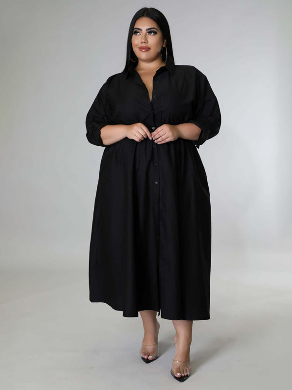 Plus Size Dresses- Plus Size Long Sleeve A-Line Shirt Dress with Waistband- Black- Chuzko Women Clothing