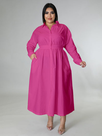 Plus Size Dresses- Plus Size Long Sleeve A-Line Shirt Dress with Waistband- Rose- Chuzko Women Clothing