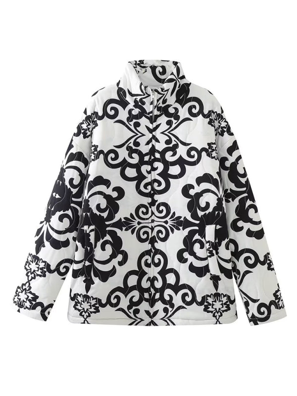 Quilted Jackets- Cozy Black Floral Print Quilted Oversized Jacket- Chuzko Women Clothing