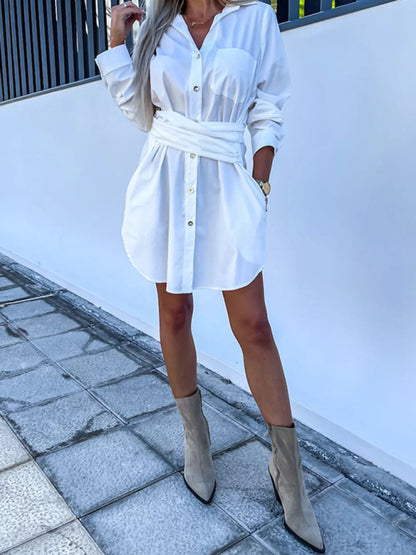 Belted Button-Up Shirt Dress in Solid Cotton with Roll-Up Sleeves