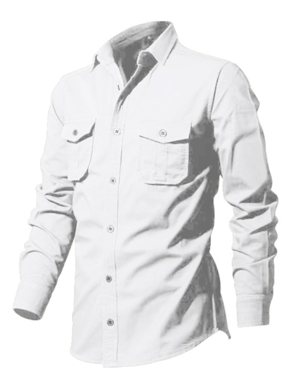 Shirts- Men's Solid Flap Cargo Long Sleeve Shirt- Chuzko Women Clothing