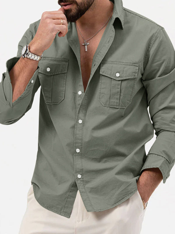 Shirts- Men's Solid Flap Cargo Long Sleeve Shirt- Chuzko Women Clothing