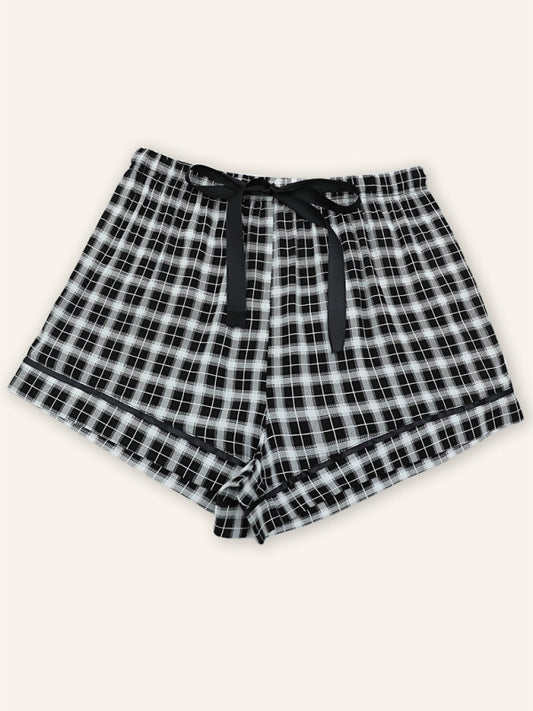 Shorts- Plaid Women's Comfy Loungewear Shorts with Adjustable Waist - Boyshorts- Black- Chuzko Women Clothing