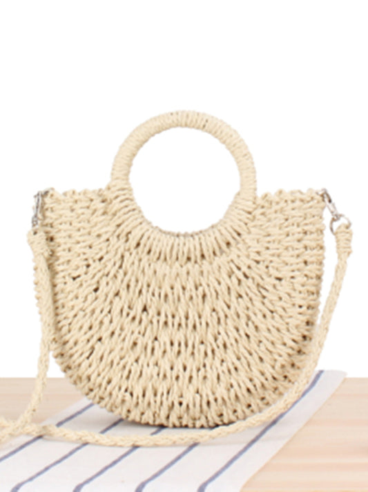 Half round straw woven bag beach hand woven bag holiday women's bagBraided Round Straw Shoulder Bag