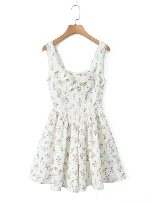 Summer Dresses- Floral Fit & Flare Basque-Waist Bow Mini Dress with Lace Accents- White- Chuzko Women Clothing