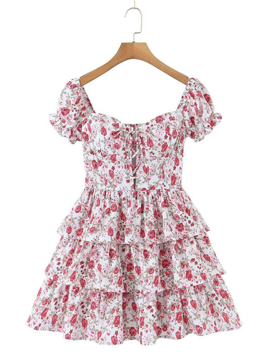 Floral Sweetheart Puff Sleeve Layered Lace-Up Sundress