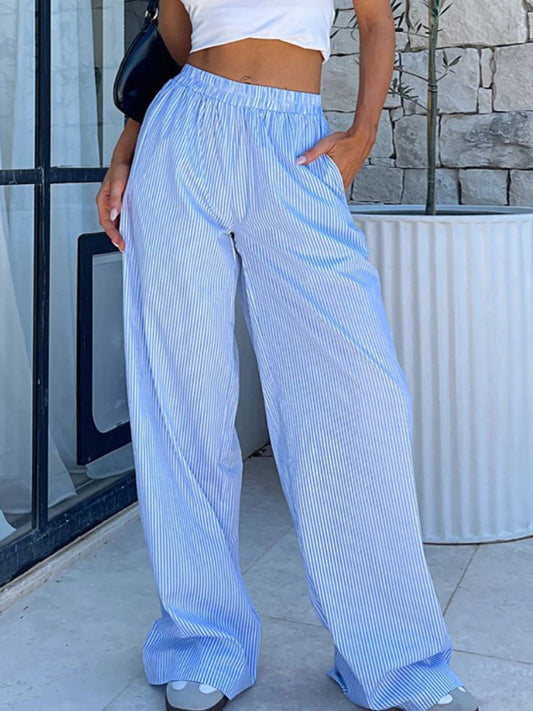 Summer Lounge Essential Women's Wide-Leg Stripe Pants with Pockets