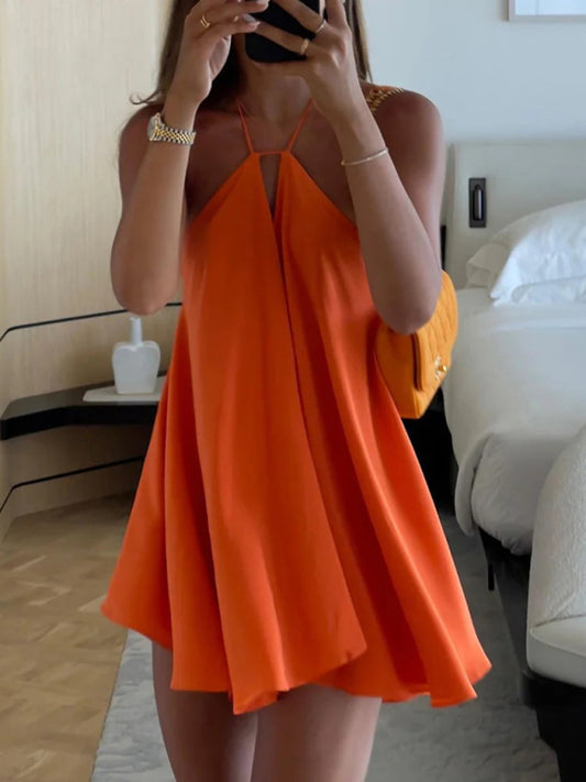 Sundresses- Essential Flowy Halterneck Backless Dress for Sunny Days in Solid- Orange- Chuzko Women Clothing