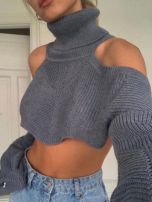 Sweaters- Knit Cold Shoulder Turtleneck Bolero Sweater- Grey- Chuzko Women Clothing