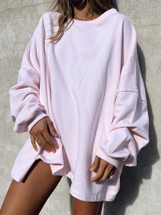 Sweatshirts- Women's Loose Pullover - Oversized Drop Shoulder Sweatshirt- Pink- Chuzko Women Clothing