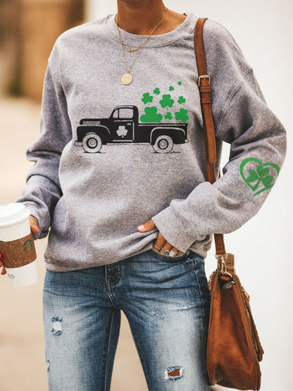 Sweatshirts- Women's St. Patrick's Day Lucky Print Sweatshirt- Neutral grey- Chuzko Women Clothing