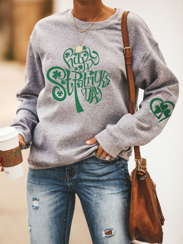 Sweatshirts- Women's St. Patrick's Day Lucky Print Sweatshirt- Grey- Chuzko Women Clothing