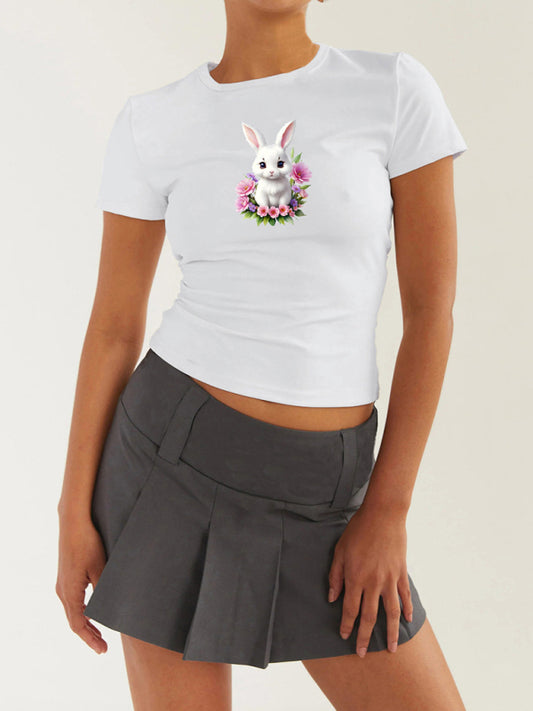 T-Shirts- Women's Easter Egg Print T-Shirt - Holly Week Bunny Crop Tee- Hot pink- Chuzko Women Clothing