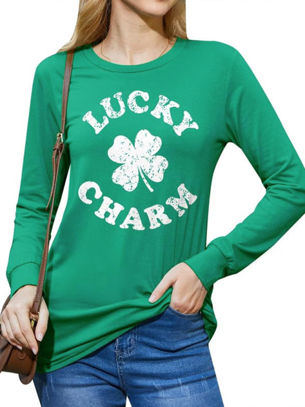 T-Shirts- Women's St. Patrick's Day Long Sleeves Tee Lucky Clover Charm- Fruit green- Chuzko Women Clothing