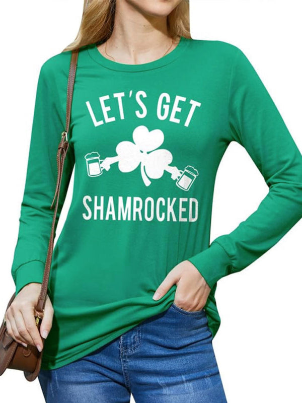 T-Shirts- Women's St. Patrick's Day Long Sleeves Tee Lucky Clover Charm- Green- Chuzko Women Clothing