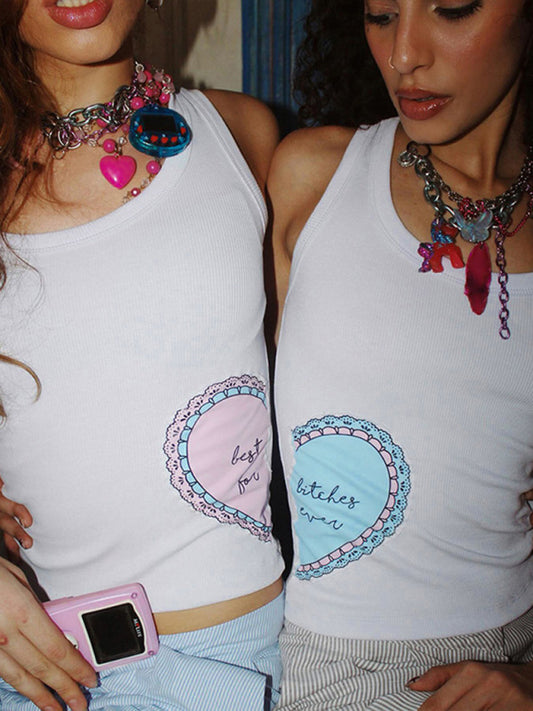 Tank Tops- Essential Ribbed Half Love Tank Top- Pink- Chuzko Women Clothing
