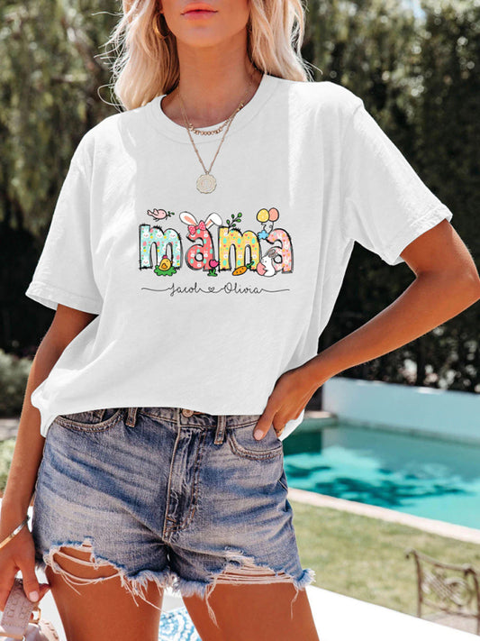 Tees- Holly Week Mama Bunny Print T-Shirt for Women- White- Chuzko Women Clothing