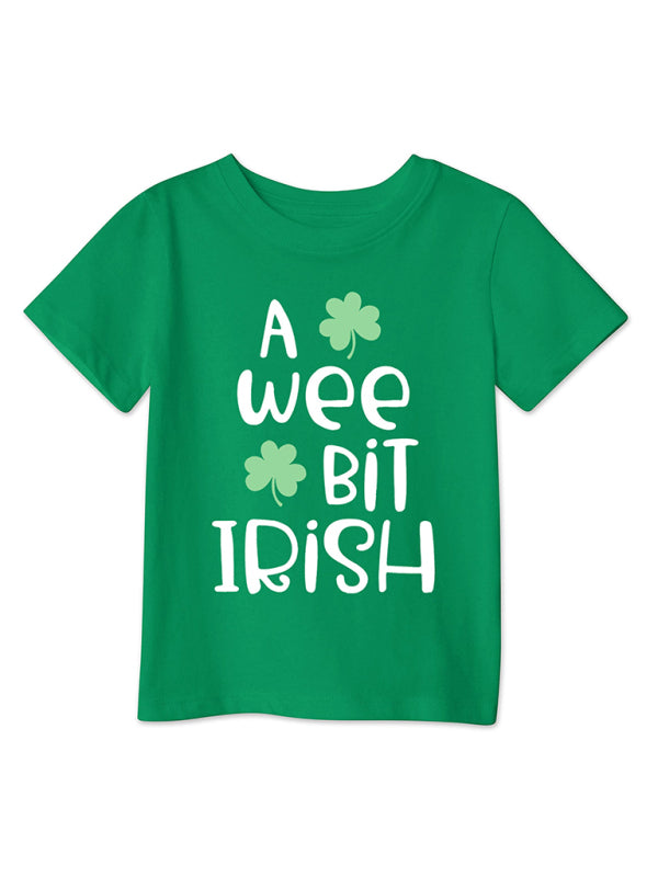 Tees- Kids' St. Patrick's Day Lucky Clover Print T-Shirt - Little Leprechauns Tee- Bud green- Chuzko Women Clothing