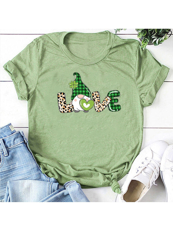 Tees- Lucky: St. Patrick's Day Crew Neck Tee in Cotton with Leprechaun Print- Pale green- Chuzko Women Clothing
