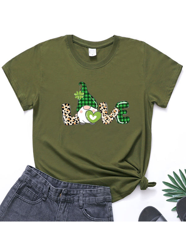 Tees- Lucky: St. Patrick's Day Crew Neck Tee in Cotton with Leprechaun Print- Olive green- Chuzko Women Clothing