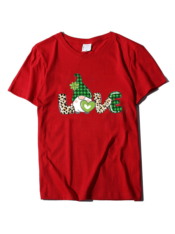Tees- Lucky: St. Patrick's Day Crew Neck Tee in Cotton with Leprechaun Print- Red- Chuzko Women Clothing
